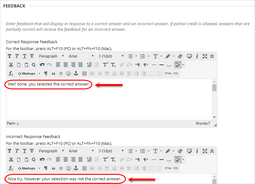 Feedback section with the correct response feedbask and incorrect response feedback text boxes circled