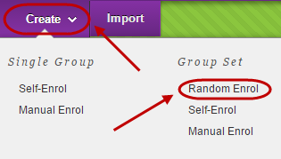 Create button circled and random enrol under group set circled in the drop down menu