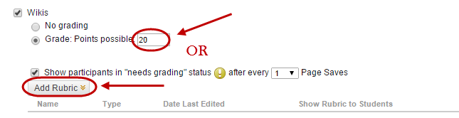 Points possible amount circled and the add rubric button circled