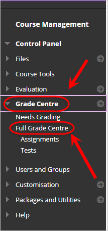 Grade centre and full grade centre circled.