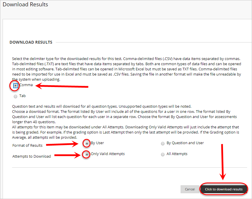 Comma, By User and Only Valid Attempts radio buttons circled as well as the Click to download results button.