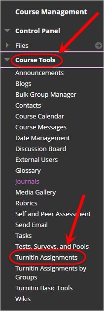 Course tools and Turnitin assignments circled.