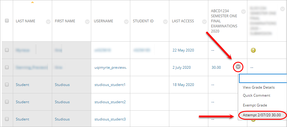Grade centre with down arrow circled next to the student attempt and the attempt circled from the drop down menu