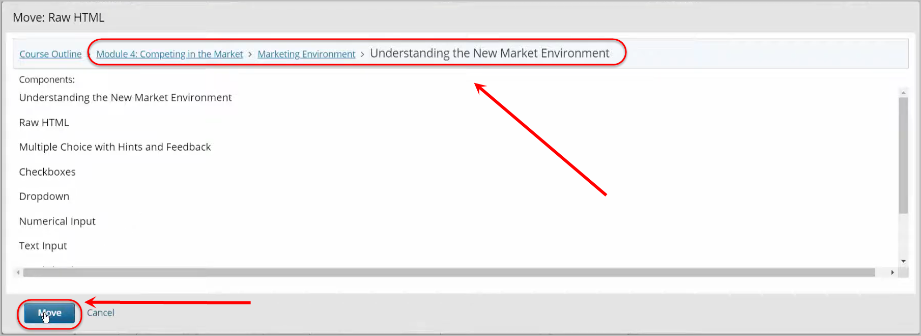 breadcrumb trail selected which displays which section, subsection and unit is selected; move button selected