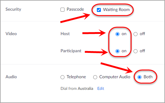 Security, video and audio settings circled