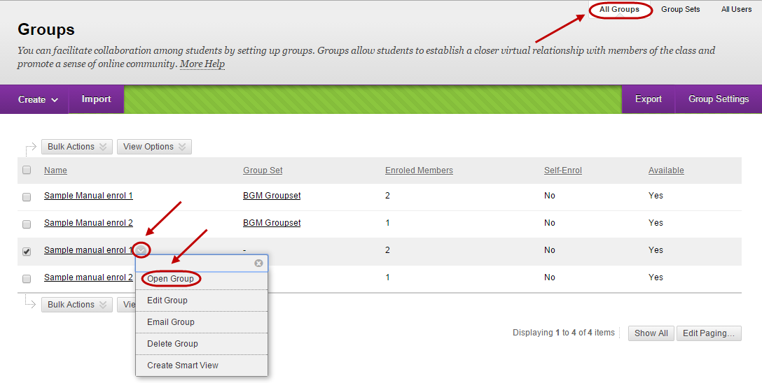 Groups page with all groups tab circled and down arrow circled next to group and open circled from the drop down menu