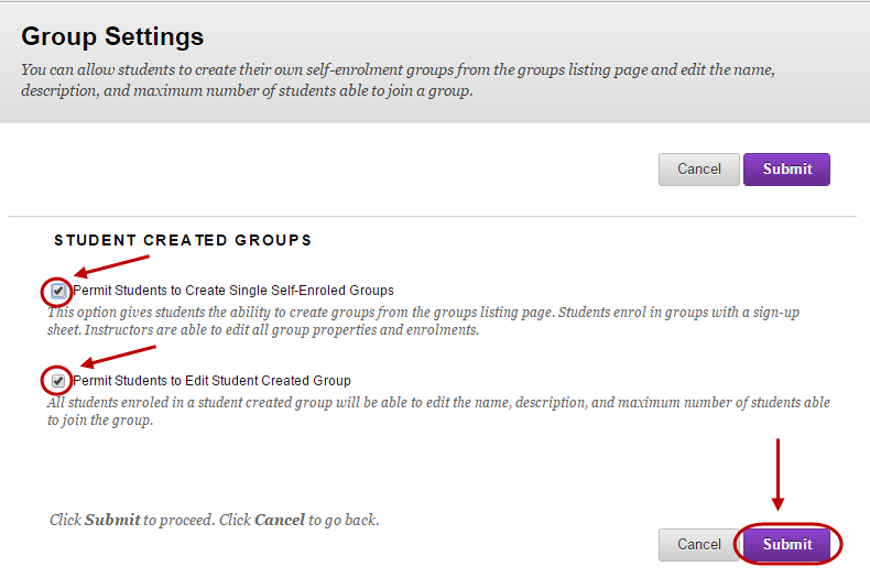 Group settings page with both check boxes circled and ticked under student created groups.