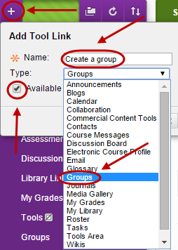 Add tool link With name field circled and groups selected from the drop down box.
