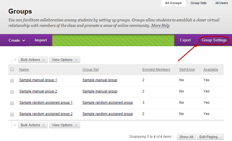 Groups page with Group Settings circled