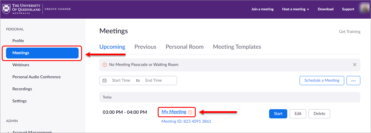 select the meeting button and title