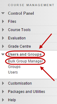 Control panel with bulk group manager circled under users and groups