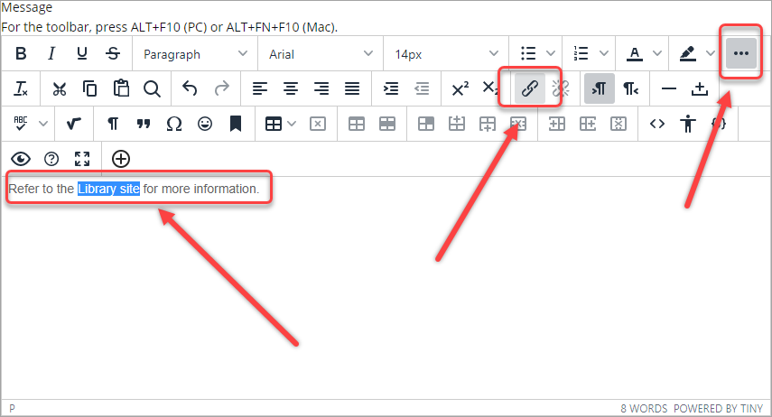 3 dots selected, text entered into text editor, insert/edit link icon selected