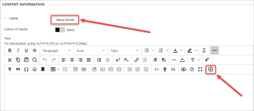 name textbox selected, add content button select