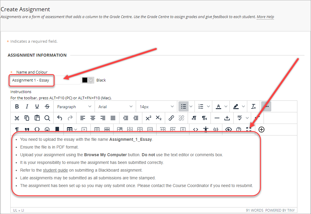 textbox with assessment information