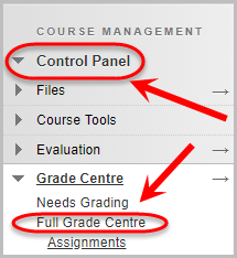 control panel selected then full grade centre selected