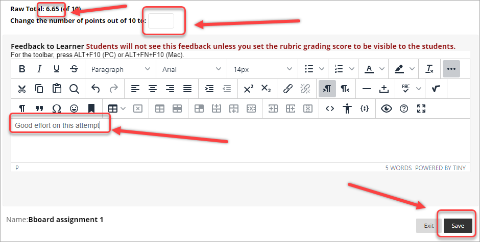 feedback to learner textbox selected, save button selected