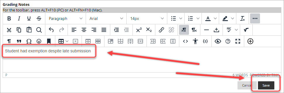 type in grading notes text, save button selected