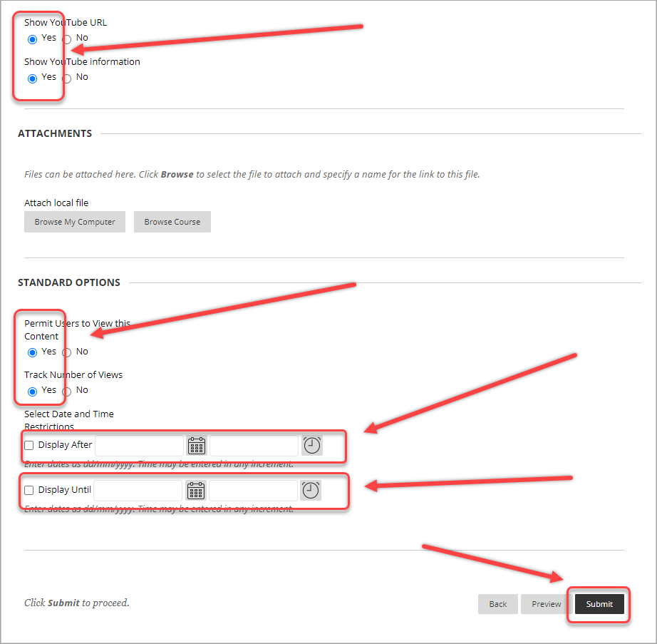 show youtube url and show youtube information yes radio button selected, permit users to view this content and track number of views yes radio button selected, display after and until date and time settings selected