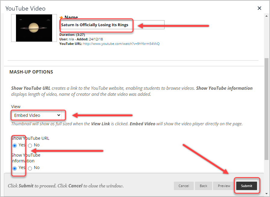 name textbox selected, embed video option selected, show youtube url and show youtube information yes radio button selected, permit users to view this content and track number of views yes radio button selected, display after and until date and time settings selected, submit button selected