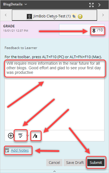 grade textbox selected, feedback to learner textbox selected, spellcheck and text editor button selected, submit button selected