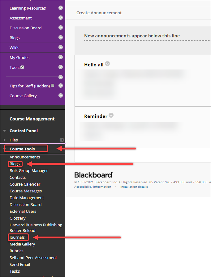 control panel selected, blog and journal options selected