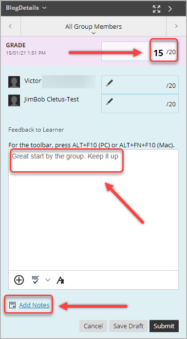 marks entered in grade textxbox, feedback to learners textbox and add notes link selected