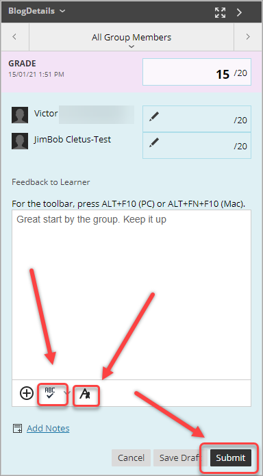 spellcheck and text editor button selected