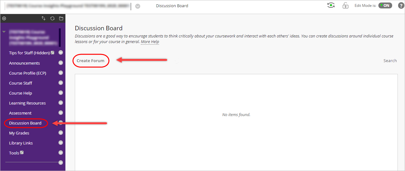 discussion board in course menu selected, create forum selected