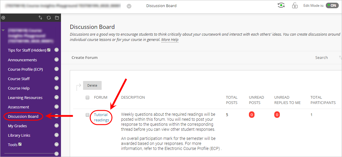Discussion board link selected, forum selected 