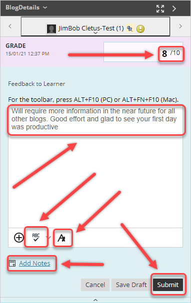 grade textbox, feedback to learner textbox and add notes selected, spellcheck and text editor selected, submit button selected