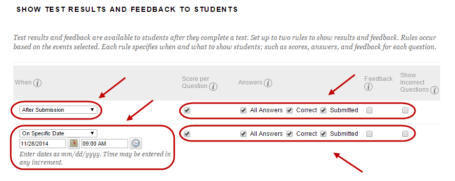 Show test results and feedback to student settings with the drop down boxes and check boxes circled