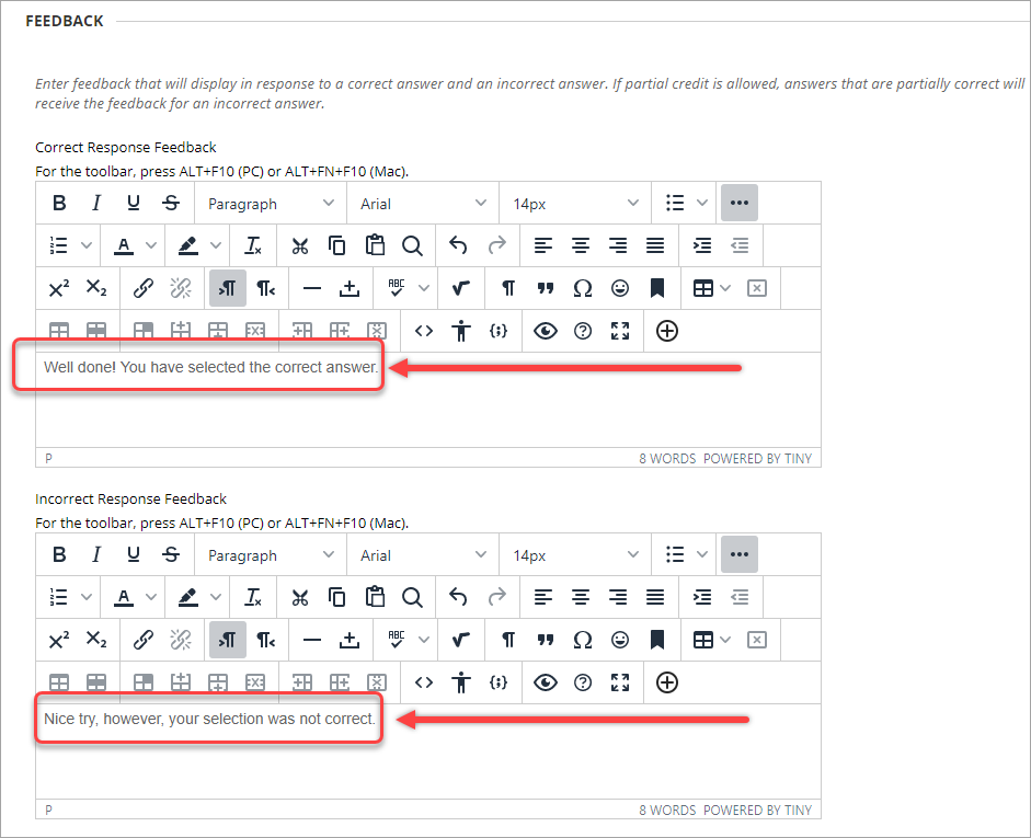 Feedback section with the correct response feedback and incorrect response feedback text boxes circled