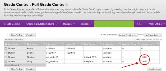 Grade centre with marks circled in the appropriate test column