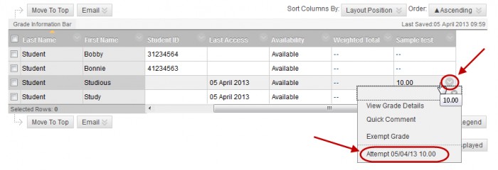 Grade centre with down arrow circled next to a student result and attempt circled in the drop down menu