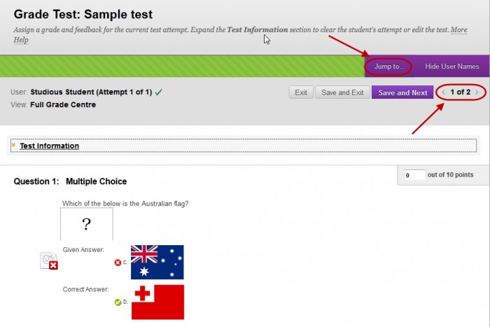 Grade test page with the previous and next buttons circled as well as the jump to button.