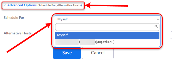 Advanced options and Schedule for drop down box circled