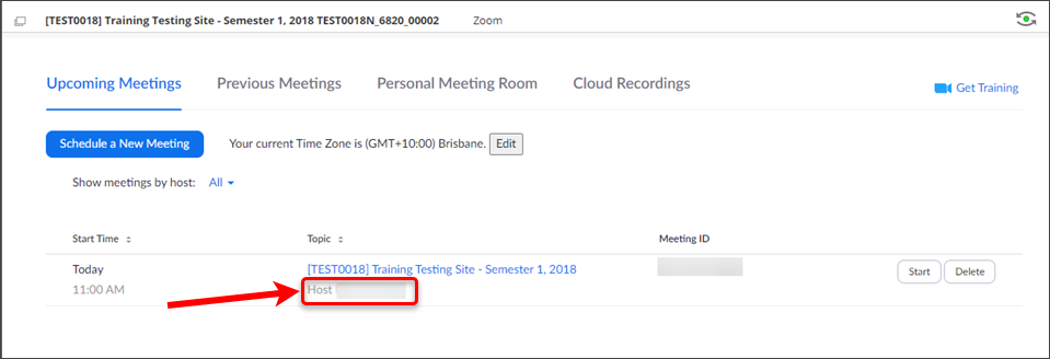 Upcoming meeting shown with the host circled