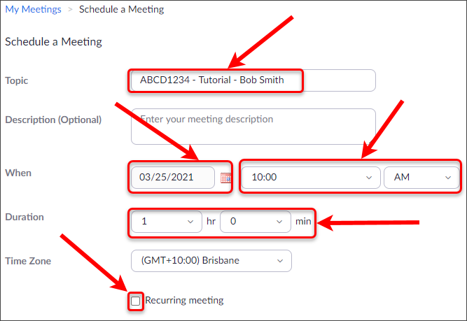 Topic, when, duration and recurring meeting circled.