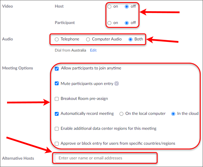 Video, audio, meeting options and alternative host settings circled.