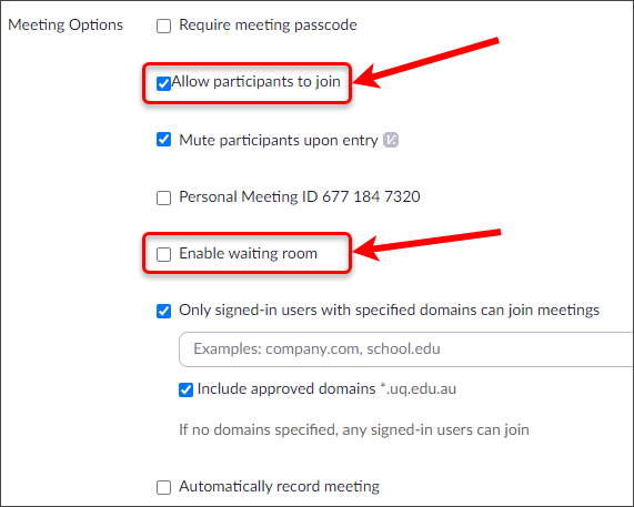 Allow participants to join or Waiting room settings circled