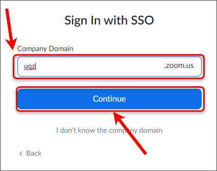 uqz entered in the company domain textbox and the continue button circled