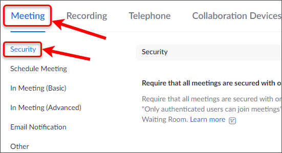 Meeting tab and security circled