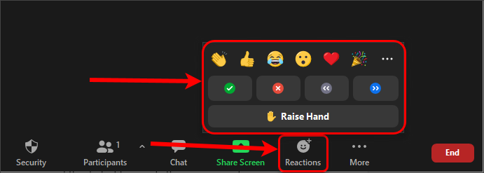Reactions button and available reactions circled