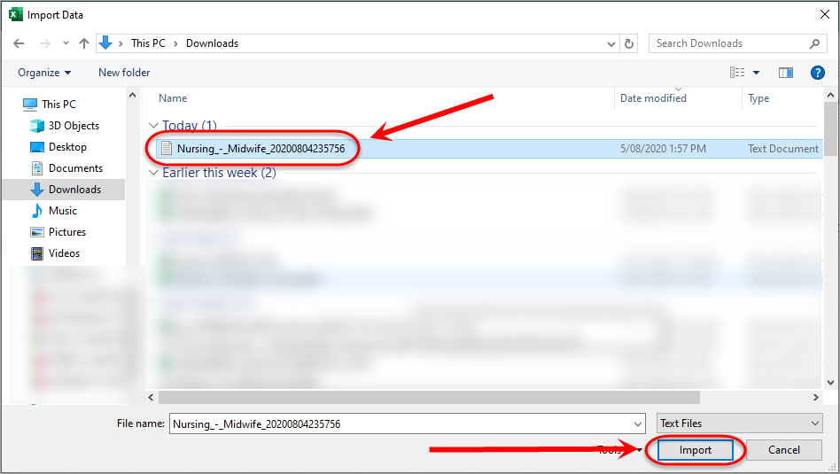 .txt file circled and Import button circled.