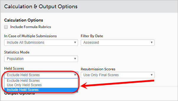Held scores drop-down list circled with Include Held Scores selected.
