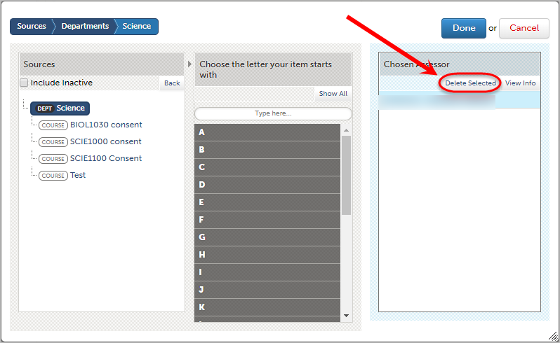 Assessor highlighted and delete selected button circled.